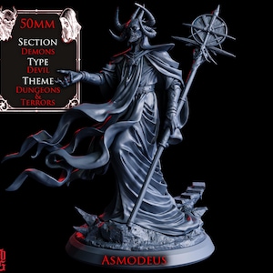 Puede incluir: Estatua gris oscura de Asmodeo, una figura diabólica con cuernos, una túnica fluida y un báculo. La estatua forma parte del tema "Dungeons & Terrors" y mide 50 mm. La estatua está sobre una base redonda.