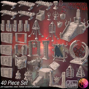 May include: A collection of 3D-printed fantasy miniatures, including tables, chairs, cages, and architectural elements. The set features intricate designs with a gothic or demonic theme. The text "Balastorgh's Sanguinalia" and "40 Piece Set" are visible.