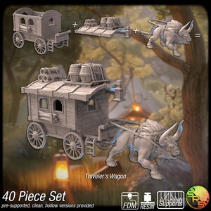May include: A detailed 3D model set of a traveler's wagon, including the wagon, cargo, and a bull-like animal. The image shows the wagon's components and the assembled model. The text reads "Traveler's Wagon" and "40 Piece Set".