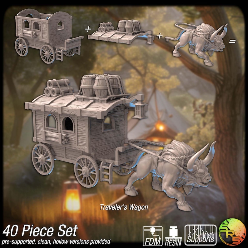 May include: A detailed 3D model set of a traveler's wagon, including the wagon, cargo, and a bull-like animal. The image shows the wagon's components and the assembled model. The text reads "Traveler's Wagon" and "40 Piece Set".