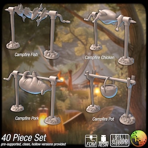 May include: A set of four miniature campfire scenes, including fish, chicken, pork, and a pot, all suspended on stands. The text "Campfire Fish", "Campfire Chicken", "Campfire Pork", and "Campfire Pot" are visible. The set is labeled as a "40 Piece Set".