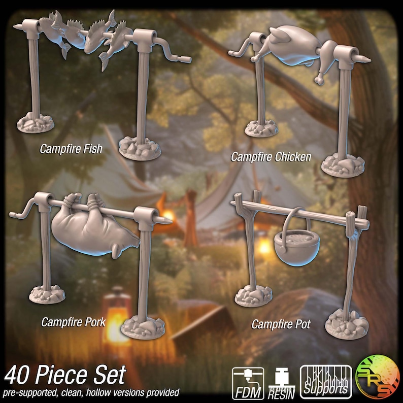 May include: A set of four miniature campfire scenes, including fish, chicken, pork, and a pot, all suspended on stands. The text "Campfire Fish", "Campfire Chicken", "Campfire Pork", and "Campfire Pot" are visible. The set is labeled as a "40 Piece Set".