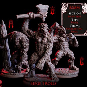 May include: Three grey 32mm scale troll miniatures on circular bases. One troll holds a large stone hammer tied with rope. Text includes 32MM, SECTION MONSTERS, TYPE TROLL, THEME EVERLASTING SIEGE, and SIEGE TROLLS. The figures feature textured fur and skin.