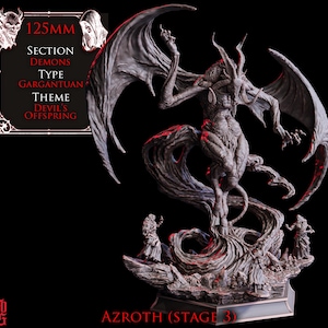 May include: A detailed grey sculpture of a demonic figure with large wings, horns, and a tail, standing on a rocky base. The sculpture is labelled "Azroth (Stage 3)" and includes text indicating it is 125mm in size, part of the "Demons" section, "Gargantuan" type, and "Devil's Offspring" theme.