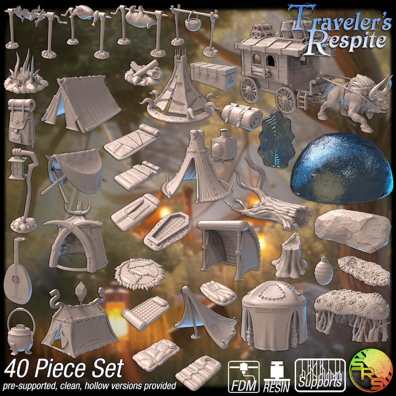 May include: A collection of 3D-printed camping and travel-themed miniatures. Includes tents, sleeping bags, a covered wagon pulled by a horned beast, and cooking equipment. The text "Traveler's Respite" and "40 Piece Set" are visible.