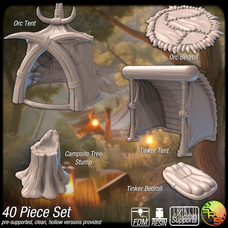 May include: A collection of 3D-printed fantasy terrain pieces, including an Orc Tent, Tinker Tent, Campsite Tree Stump, and bedrolls. The set is designed for tabletop gaming and includes pre-supported and hollow versions. The text on the image says "40 Piece Set".