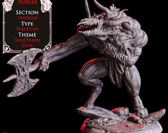 May include: A grey miniature sculpture of a Corrupted Minotaur, holding an axe. The figure is posed on a rocky base. Text on the image reads "50mm Section Undead Type Skeleton Theme Shattered Sigil" and "Corrupted Minotaur".