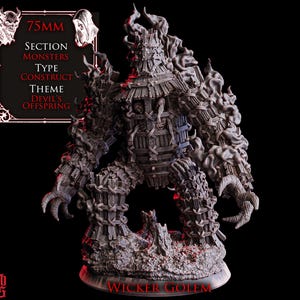 Puede incluir: Una detallada miniatura de Wicker Golem gris, una construcción del tema Devil's Offspring. La figura mide 7,5 cm de altura, con una estructura de madera, cadenas y detalles ahumados. La base es texturizada y el texto "Wicker Golem" es visible.