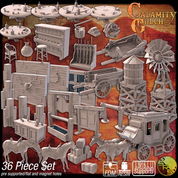 Western Terrain - Deadlands, Wild West Exodus (WWX) - saloon, stagecoach, water tower, windmill - Wargaming RPG Miniature Skirmish Games