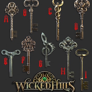 Puede incluir: Nueve llaves adornadas con diseños intrincados, que incluyen una serpiente, una clave de sol y una calavera. Las llaves están dispuestas en una cuadrícula sobre un fondo gris oscuro. El texto "WICKED HILLS" se muestra debajo de las llaves.