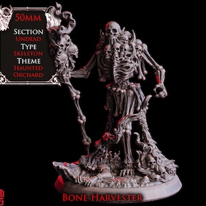 May include: A detailed grey Bone Harvester skeleton figurine. The figure is adorned with multiple skulls and holds a staff. The base features a fallen figure. Text on the left reads "50mm Section Undead Type Skeleton Theme Haunted Orchard".