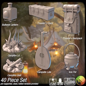 May include: A collection of 3D-printed camping-themed miniatures. Includes a lantern, chest, backpack, campfire, lute, and iron pot. The text reads "40 Piece Set" and "pre-supported, clean, hollow versions provided."