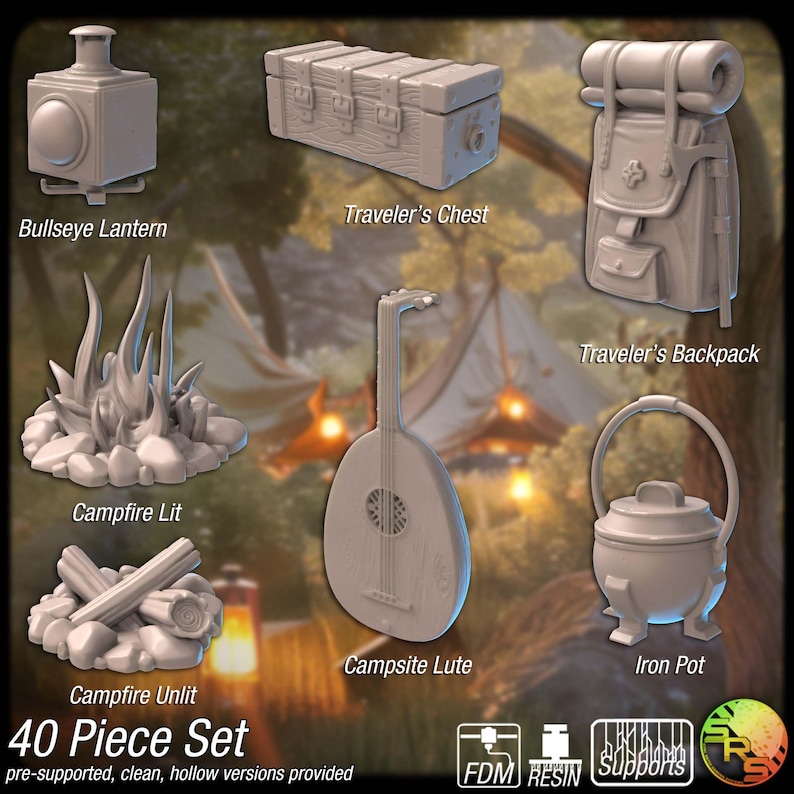 May include: A collection of 3D-printed camping-themed miniatures. Includes a lantern, chest, backpack, campfire, lute, and iron pot. The text reads "40 Piece Set" and "pre-supported, clean, hollow versions provided."