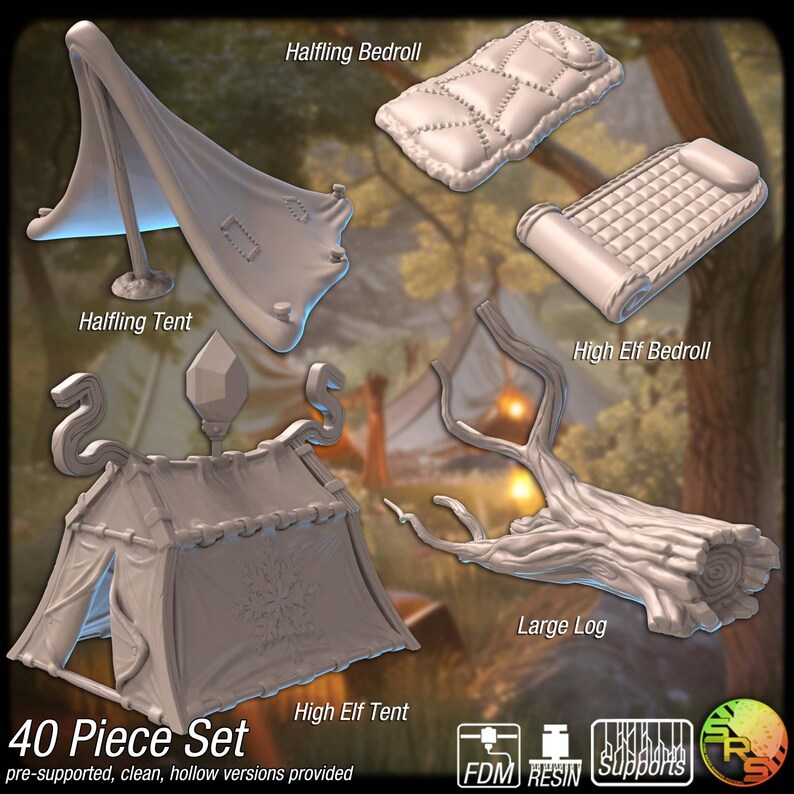 May include: A collection of miniature fantasy terrain pieces, including a Halfling tent, High Elf tent, bedrolls, and a large log. The set includes 40 pieces and is designed for tabletop gaming or model building.