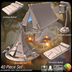 May include: A collection of 3D-printed camping and fantasy-themed miniatures. Includes a common bedroll, tent, campsite lantern, and a demonkin tent and bedroll. The text "40 Piece Set" is visible.