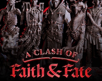 May include: A clash of faith and fate, a fantasy themed tabletop game with five miniature figures. The figures are a skeletal figure, a cloaked figure with a staff, a figure in armour with a sword, a dragon, and a figure with a sword and a cloak. The figures are painted in shades of grey and black.