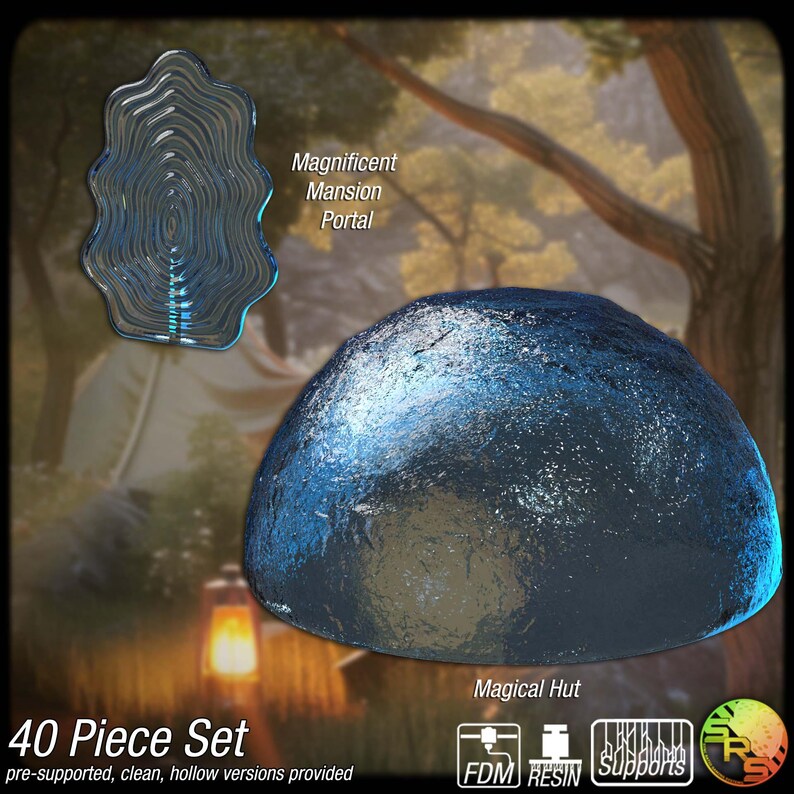 May include: A 3D-rendered image featuring a blue, dome-shaped object and a wavy, transparent object. Text on the image reads "Magnificent Mansion Portal", "Magical Hut", and "40 Piece Set". The objects appear to be part of a fantasy or game set.