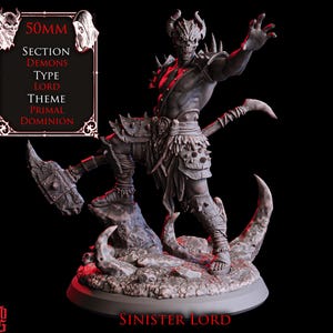 Puede incluir: Miniatura gris de 50 mm de una figura demoníaca, el Sinister Lord, con cuernos, rostro esquelético y armadura. La figura posa con un brazo levantado y sostiene un arma grande. La base es un terreno rocoso. Texto: "Demonios, Señor, Dominio Primordial."