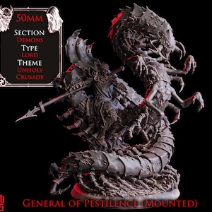 May include: A detailed miniature figure of the General of Pestilence (Mounted) from the Unholy Crusade theme. The figure is dark gray with red accents, featuring a warrior riding a monstrous creature. The text on the image reads "50mm, Demons, Lord".