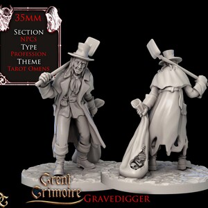 May include: Two gray miniature figures of a gravedigger, one facing forward and the other from the back. Each figure is holding a shovel and a sack with a skull visible. The figures are on a stone base. Text includes "35mm", "Great Grimoire", and "Gravedigger".