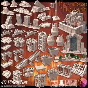 Dwarven Mine -  Forge, Portal, Railroad tracks, carts, barrels, explosive, tools, emeralds, stone - Wargaming RPG Miniature Skirmish Games