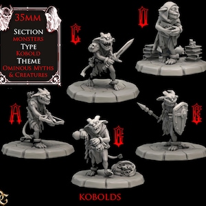 May include: A collection of 35mm Kobold miniatures, each posed on a circular base. The figures are in various action poses, some holding weapons like swords, bows, and spears. The text on the image reads "Section Monsters Type Kobold Theme Ominous Myths & Creatures".