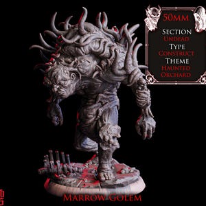 May include: A gray Marrow Golem miniature figure with a grotesque, undead appearance. The figure has a large head with multiple tentacles and a skeletal arm. The base is a circular platform with the text "MARROW GOLEM" and "50MM SECTION UNDEAD TYPE CONSTRUCT THEME HAUNTED ORCHARD".