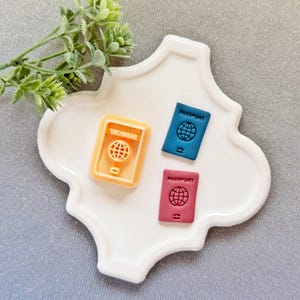 May include: A white, quatrefoil-shaped tray holds three passport-themed charms. One is orange with a globe design, and the others are blue and pink, each with a globe and the word "PASSPORT". A sprig of green foliage is in the upper left corner.