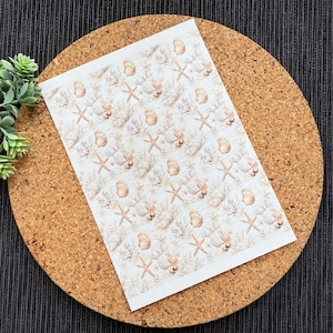 Könnte beinhalten: Ein weißes Blatt Papier mit einem sich wiederholenden Muster aus Muscheln, Seesternen und Korallen in Braun- und Beigetönen.