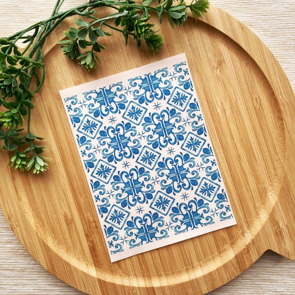 Blue Floor Tiles Clay Transfer Sheet, Water Soluble Transfer Paper, Polymer Clay Image Transfers, Turkish Blue Tile Pattern