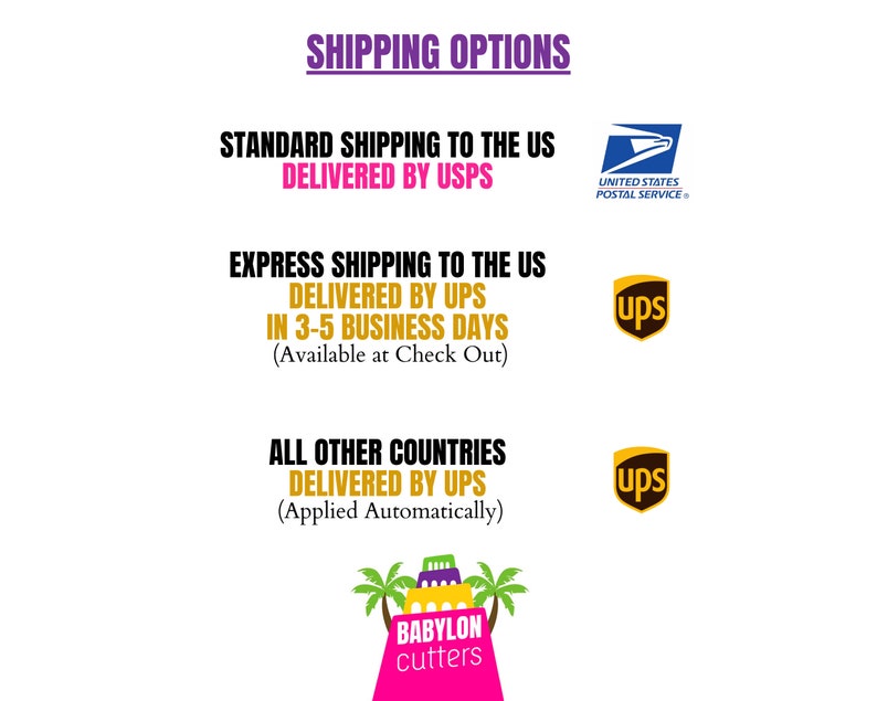 May include: Shipping options for orders in the US and other countries. Standard shipping is delivered by USPS. Express shipping is delivered by UPS in 3-5 business days. Orders to other countries are delivered by UPS.
