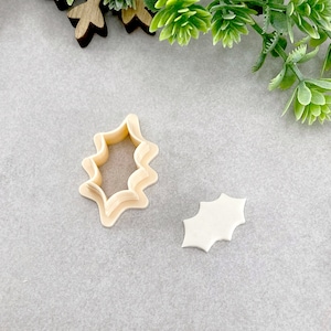 May include: A plastic cookie cutter in the shape of a holly leaf. The cutter is shown next to a cutout of the same shape.