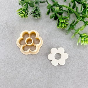 May include: A beige flower-shaped cookie cutter next to a white flower-shaped cutout. The cookie cutter has a circular center and six rounded petals. The cutout is a solid white color. Green foliage is in the background.