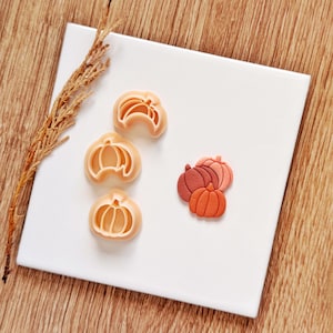 Può includere: Tre tagliabiscotti a forma di zucca color pesca chiaro con centri aperti e un gruppo di zucche in argilla finito con tre zucche nelle tonalità rosso scuro, arancione chiaro e rosa tenue, disposte su una superficie quadrata bianca.