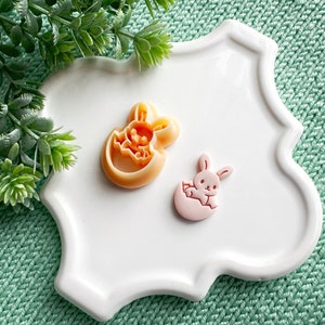 Può includere: Due formine per biscotti a tema pasquale. Uno è un coniglietto arancione chiaro che esce da un uovo, e l'altro è un coniglietto rosa in un uovo. Entrambi sono su un piatto bianco decorativo, con fogliame verde e uno sfondo a maglia verde.