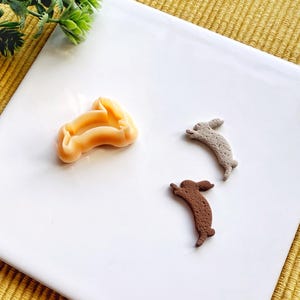 以下が含まれることがあります： ウサギの形をしたクッキー型が3つあります。1つは薄い茶色、1つは濃い茶色、もう1つは薄い灰色です。クッキー型は白い皿の上にあります。