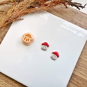 May include: A collection of miniature mushroom-shaped polymer clay charms. Two charms have red caps and off-white stems, while a larger charm is a light peach color. The charms are on a white surface with dried foliage.
