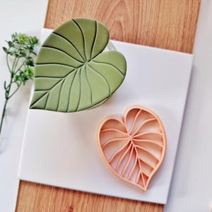 May include: A green leaf-shaped cookie cutter and a peach-colored leaf-shaped cookie cutter are displayed on a white surface. The green cutter is filled with a green substance, and the peach cutter is empty. The cutters are designed to create leaf-shaped cookies.