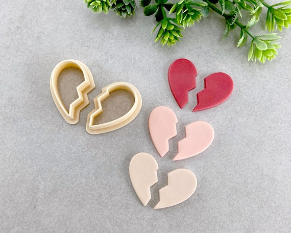 Broken Heart Valentine's Day Clay Cutters, 2 Piece Heart Polymer Clay Cutter,  Cookie & Fondant Cutter, Valentines Clay Cutter Mirrored Set 