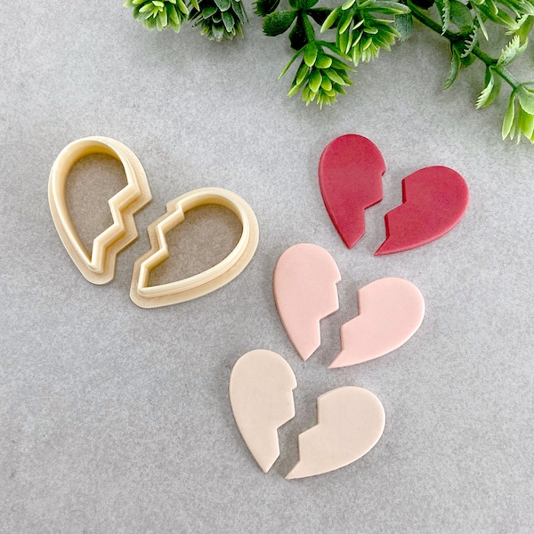 Broken Heart Valentine's Day Clay Cutters, 2 Piece Heart Polymer Clay Cutter, Cookie & Fondant Cutter, Valentines Clay Cutter Mirrored Set