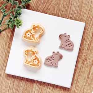 Peut inclure: Quatre emporte-pièces et biscuits en forme de capybara. Deux emporte-pièces sont orange clair avec des motifs floraux. Deux biscuits sont bruns avec des motifs floraux. Les articles sont sur une surface blanche avec de la verdure en arrière-plan.