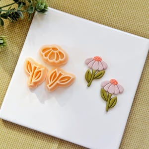 May include: A collection of floral-themed cookie cutters and decorations. The cutters are in the shape of flowers and leaves, in a light orange color. Two finished flower decorations are also present, featuring pink petals, orange centers, and green stems and leaves.
