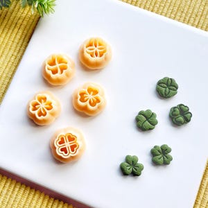 Può includere: Un piatto bianco con sei pezzi di pasta a forma di trifoglio a quattro foglie verdi e sei arancioni. La pasta è disposta in due file, con la pasta verde a destra e la pasta arancione a sinistra.