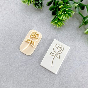 Floral Rose Clay Stamp, Embossing Polymer Clay Stamp, Soap, Ceramics, Cookie & Fondant Stamp, Rosebud with Stem Clay Stamp | 11R