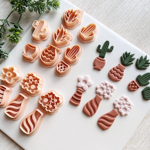 Blommor och krukor Vårlera utstansar, Präglingsformar av polymerlera, Detaljerade präglingsformar av blommor och kaktus för lera