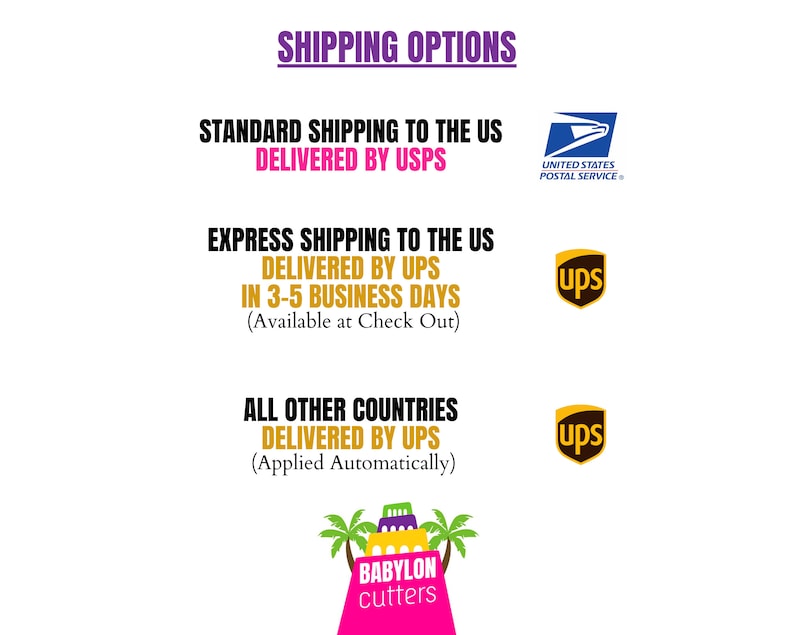 May include: Shipping options for orders in the US and other countries. Standard shipping is delivered by USPS. Express shipping is delivered by UPS in 3-5 business days. Orders to other countries are delivered by UPS.