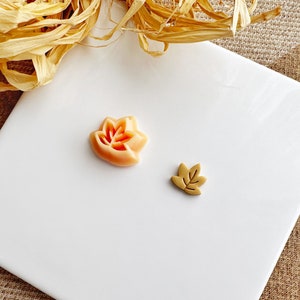May include: Two small, decorative, resin leaf shapes. One is a peach color and the other is a gold color. The leaves are on a white surface.