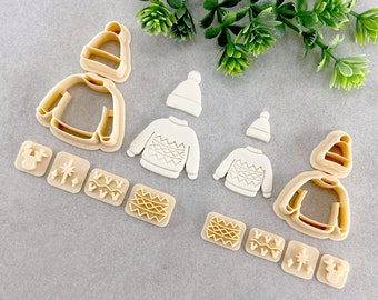 Sweater & Beanie Clay Cutter Set with 2 Stamps, Polymer Clay Earring Cutter, Embossing Sweater and Beanie Cutter for Clay | 11R