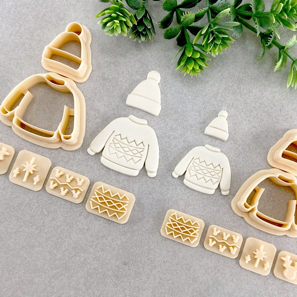 Sweater & Beanie Clay Cutter Set with 2 Stamps, Polymer Clay Earring Cutter, Embossing Sweater and Beanie Cutter for Clay | 11R