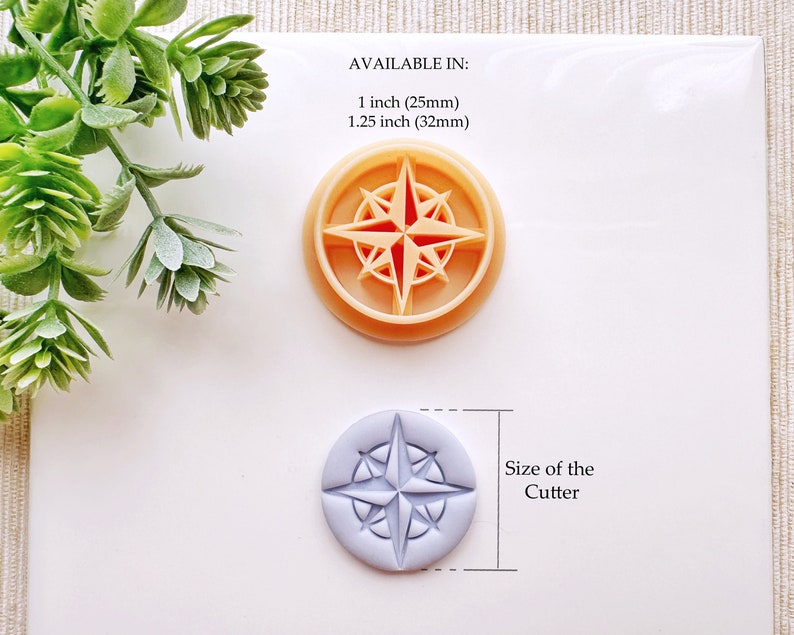 May include: Two compass cookie cutters, one orange and one light blue, with the text "AVAILABLE IN: 1 inch (25mm) 1.25 inch (32mm)" and "Size of the Cutter" printed on a white background.
